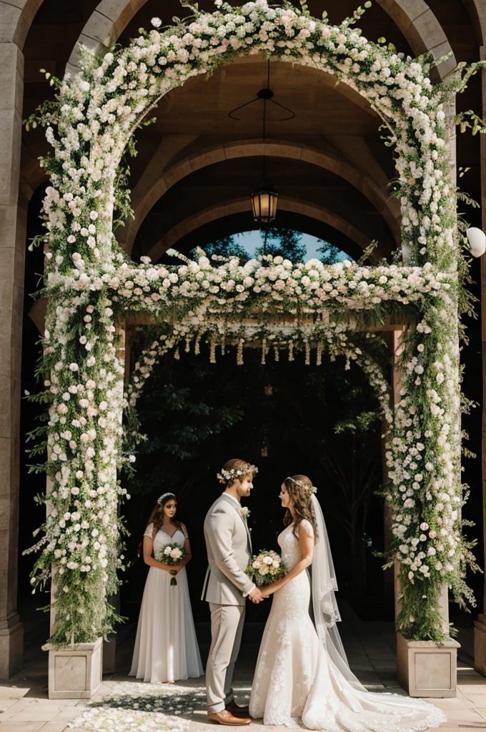 coloring page of a married couple getting married. The man must have curly hair and the woman must have long hair and a flower headband and they must stand under an arch of flowers.