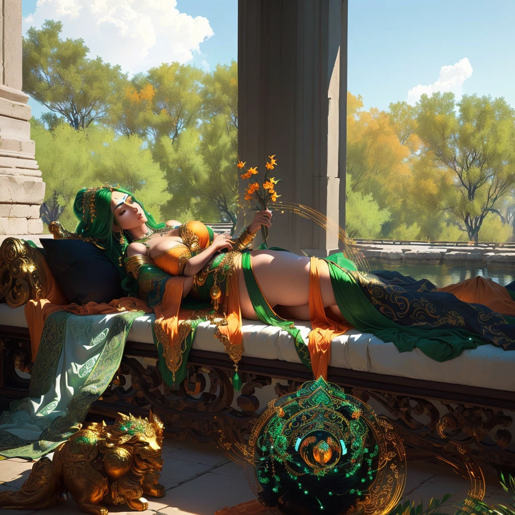 a beautiful goddess with an ancient, mystical aura, long flowing orange and green robes, intricate ornate golden jewelry, serene expression, glowing orange and green aura, ethereal lighting, dramatic shadows, cinematic composition, photorealistic, 8k, highly detailed, masterpiece