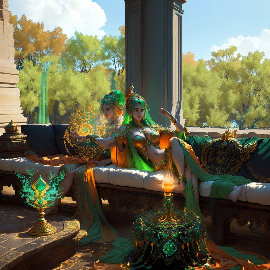 a beautiful goddess with an ancient, mystical aura, long flowing orange and green robes, intricate ornate golden jewelry, serene expression, glowing orange and green aura, ethereal lighting, dramatic shadows, cinematic composition, photorealistic, 8k, highly detailed, masterpiece