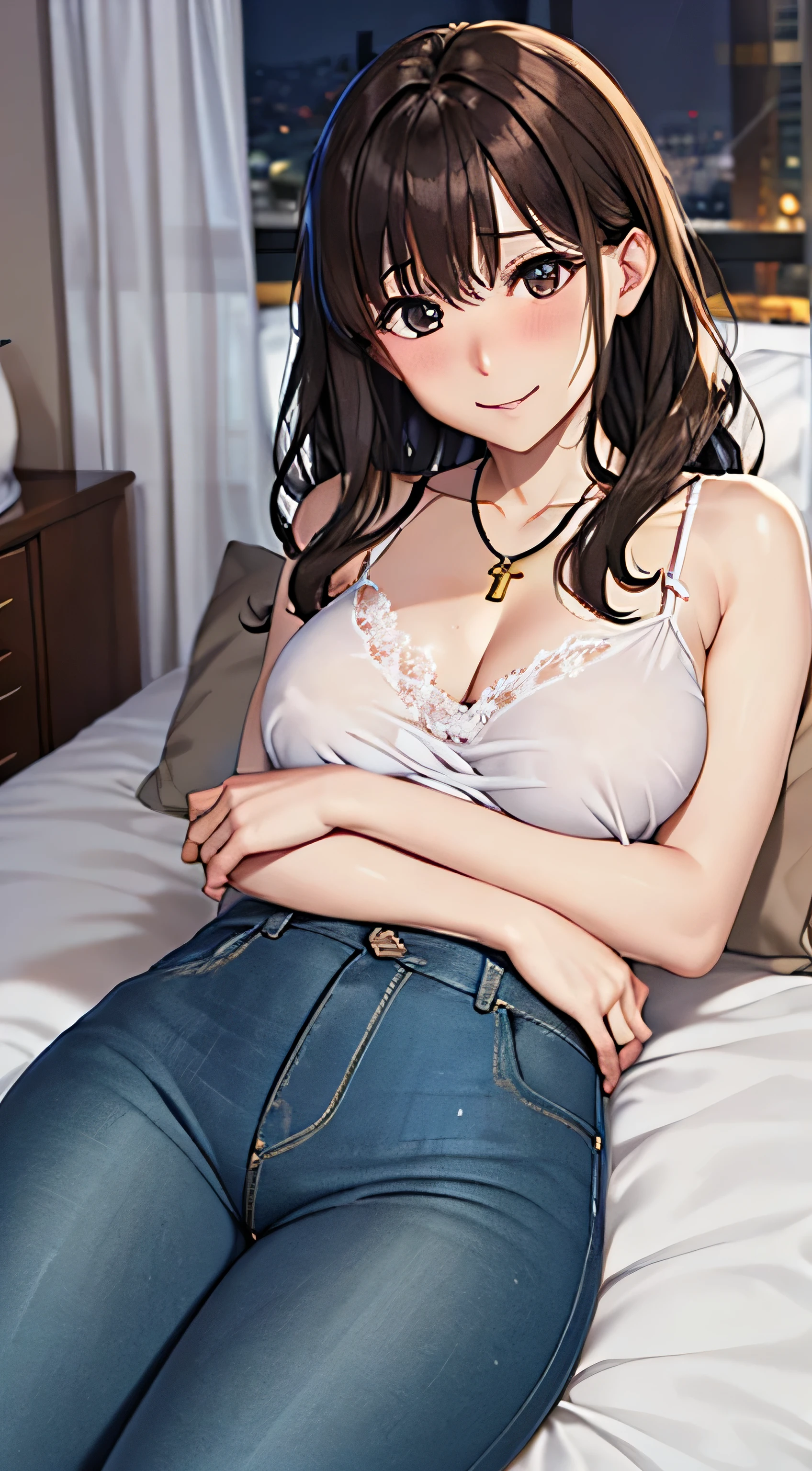 ((Tabletop, Highest quality, High resolution, , Pixel Perfect, 4K,))), 1 female, 、The whole body is visible、 ((Long Wavy Hair, bangs, Brown Hair)), ((Brown eyes, Beautiful eyelashes, Realistic eyes)), ((Detailed face, Blushing:1.2)), ((Smooth texture:0.75, Realistic texture:0.65, Realistic:1.1, Anime CG Style)), Medium sized breasts, Dynamic Angle, Perfect body, (( , , White camisole、No bra、、 Tight jeans pants、、)), Gold Hair Ornament、Cross Necklace、、Very embarrassing panic smile, 、Room with a night view、Hotel Bedroom、Lying in bed、、、Nipples are slightly visible、Cover your chest with your arms、、、、In the middle of changing、、、、、 、)、