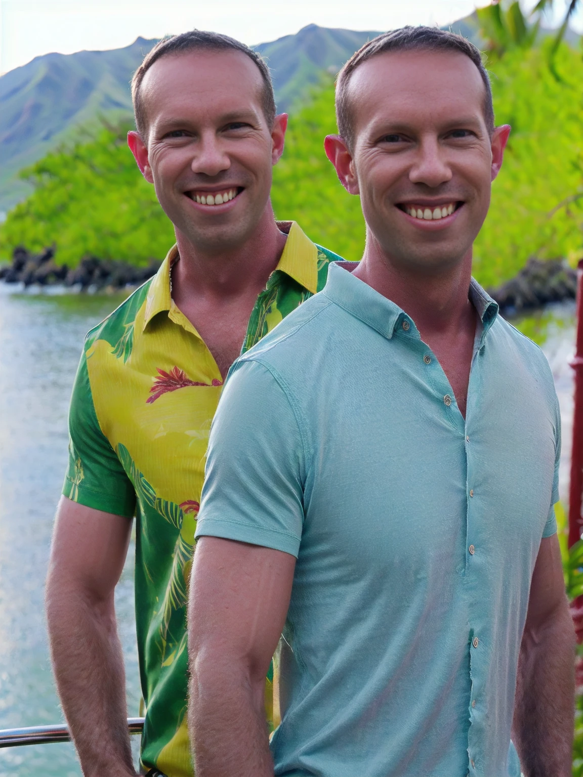 a man, Todder8, Todder1 short hair, perfect skin, RAW, UHD, 8K, looking at camera, on a yacht at sea, vacation photography, island paradise, colorful fun Hawaiian shirt, photorealistic, dynamic lighting, perfect day, [smiling]
