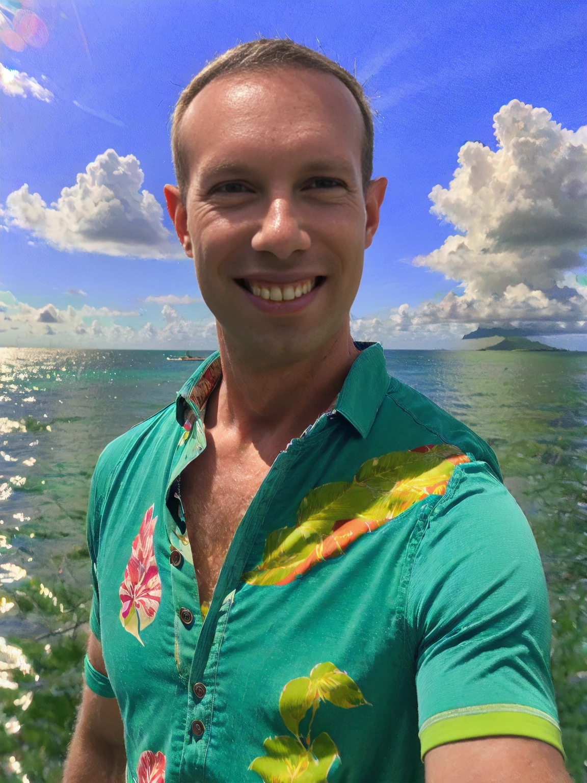a man, Todder8, Todder1 short hair, perfect skin, RAW, UHD, 8K, looking at camera, on a yacht at sea, vacation photography, island paradise, colorful fun Hawaiian shirt, photorealistic, dynamic lighting, perfect day, [smiling]