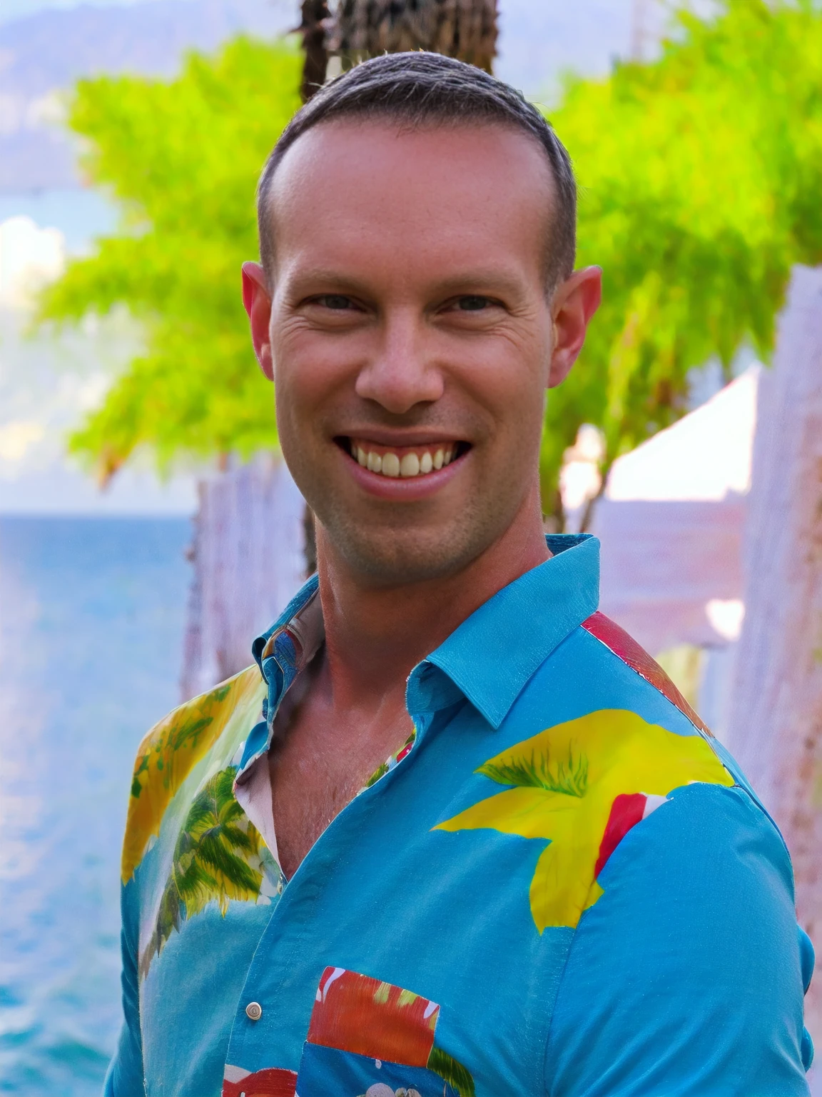 a man, Todder8, Todder1 short hair, perfect skin, RAW, UHD, 8K, looking at camera, on a yacht at sea, vacation photography, island paradise, colorful fun Hawaiian shirt, photorealistic, dynamic lighting, perfect day, [smiling]
