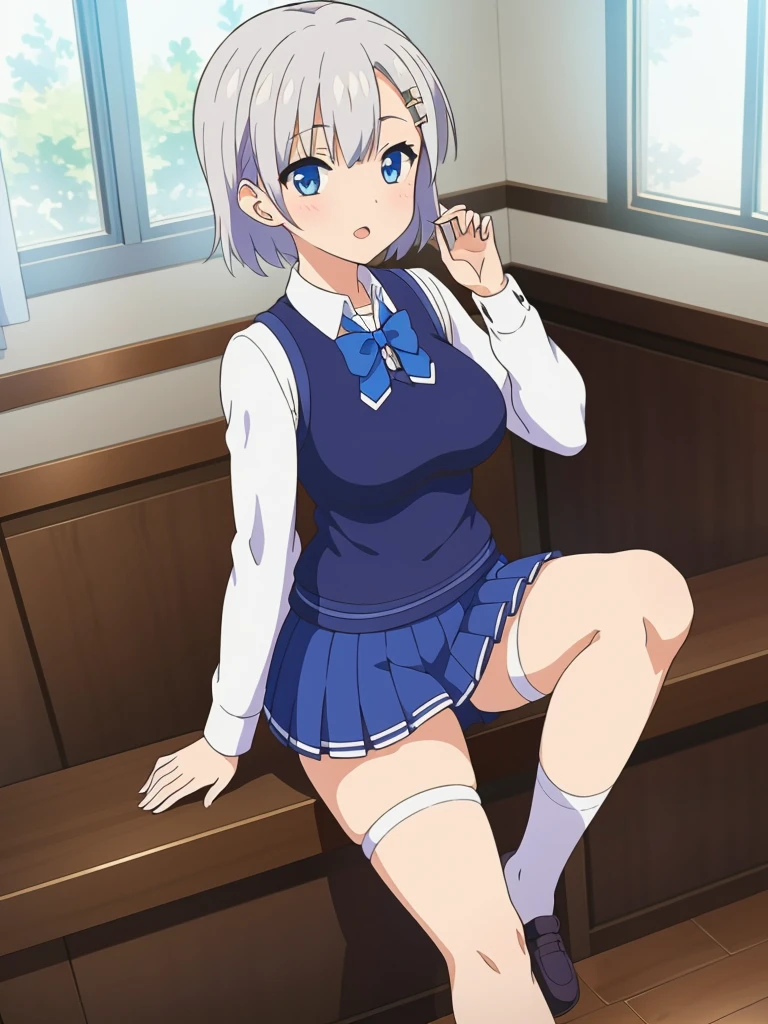 1 white-haired girl with ribbon decorations on her head, blue eyes in school mini skirt navy Women with white stockings at home