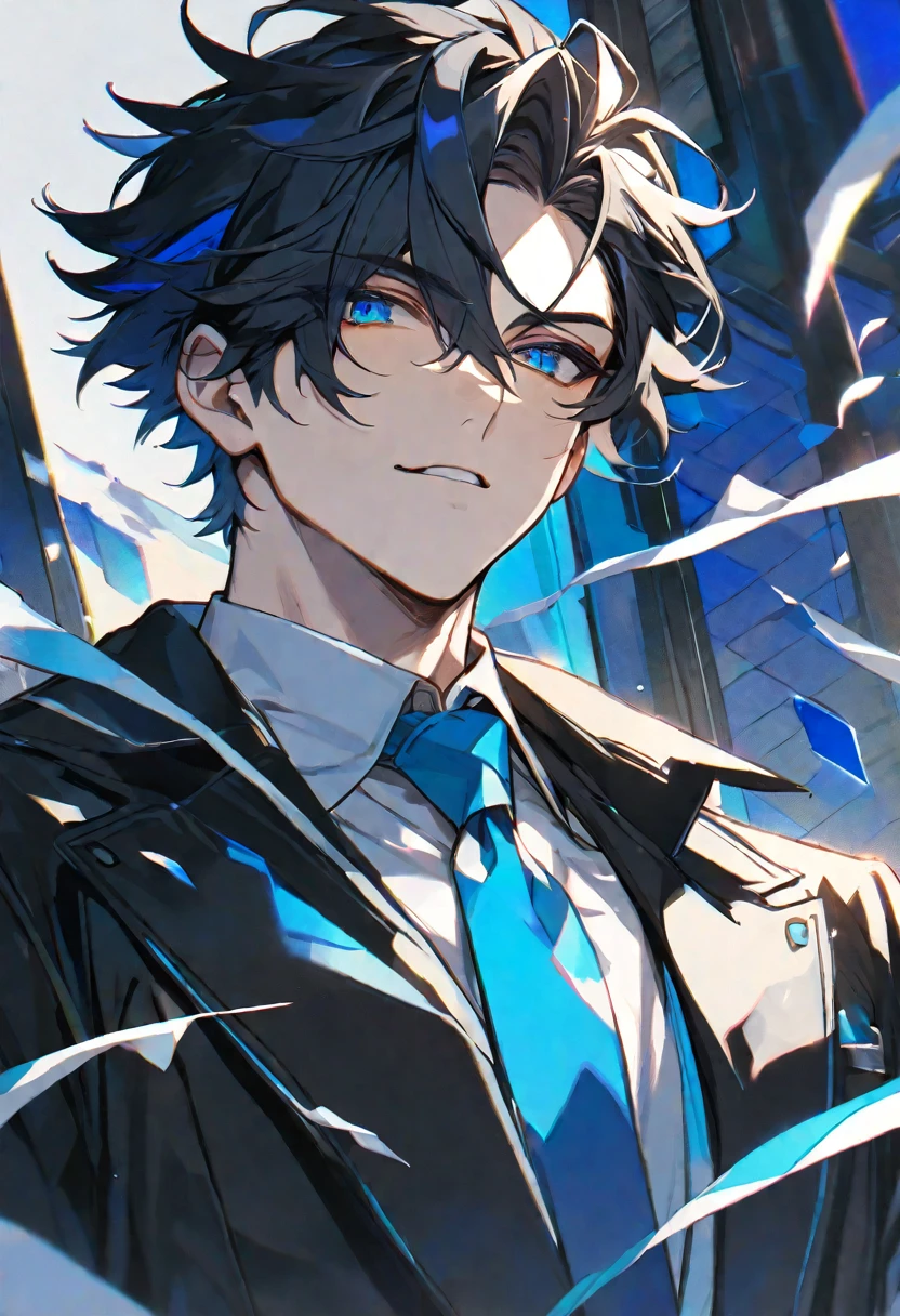 solo, handsome, 1 male, short black hair with white dyes, blue eyes, white shirt, black sweater jacket, light blue tie