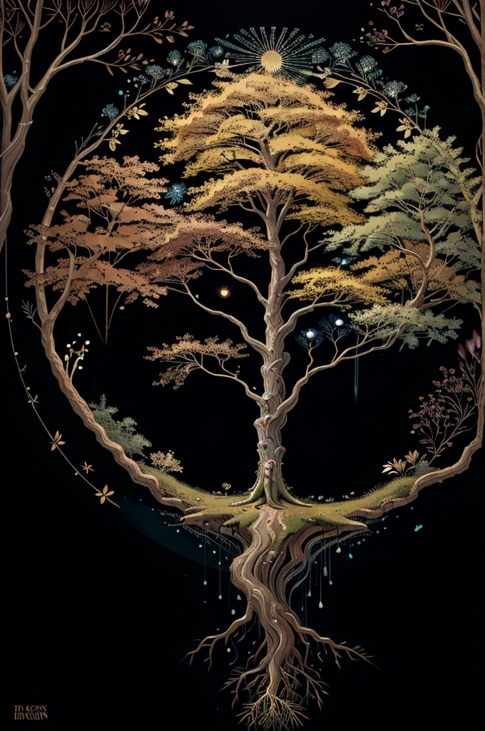 circular tree,four seasons,spring,summer,autumn,winter,leaves,roots,branches,trunk,ornate border,decorative,digital illustration,artwork,movement,time,swirling background,dark background,vibrant colors,natural,life cycle,growth,change,nature,life,peace,harmony,spirituality,symbolism,digital art,illustration,painting,graphic design,art,design,digital media,online art,visual art,fine art,fantasy