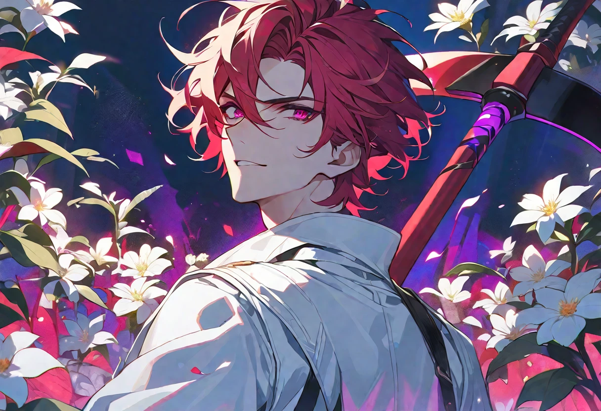 solo, handsome, 1 male, white coat, short hair, red hair, magenta eyes, black light, red scythe, white flower