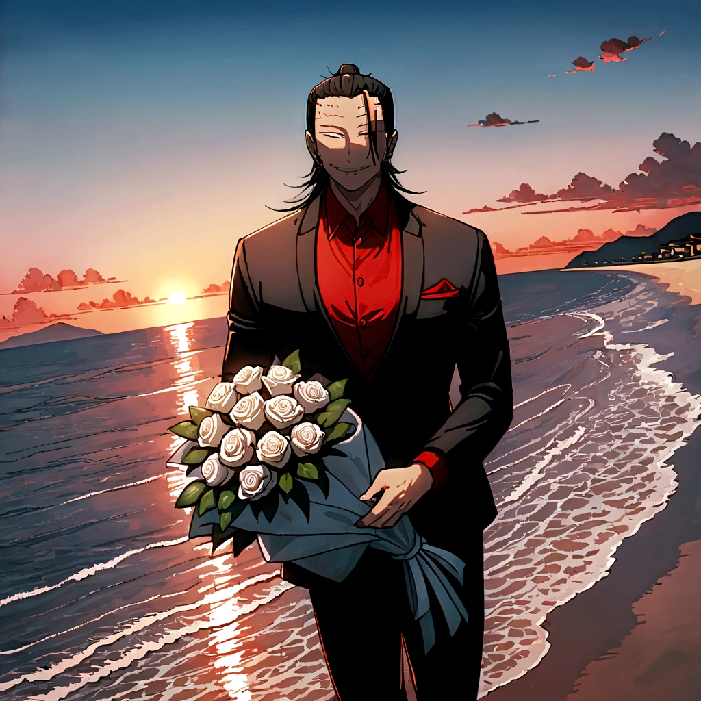 Suguru Geto, 1 man, looks straight into the camera, Sly smile, full length, In a black suit, wearing a red shirt, holding a huge bouquet of white roses, against the backdrop of the sea and sunset, 8 k, Best quality