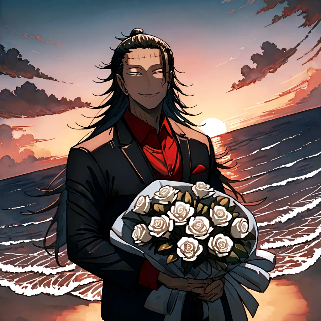 Suguru Geto, 1 man, looks straight into the camera, Sly smile, full length, In a black suit, wearing a red shirt, holding a huge bouquet of white roses, against the backdrop of the sea and sunset, 8 k, Best quality