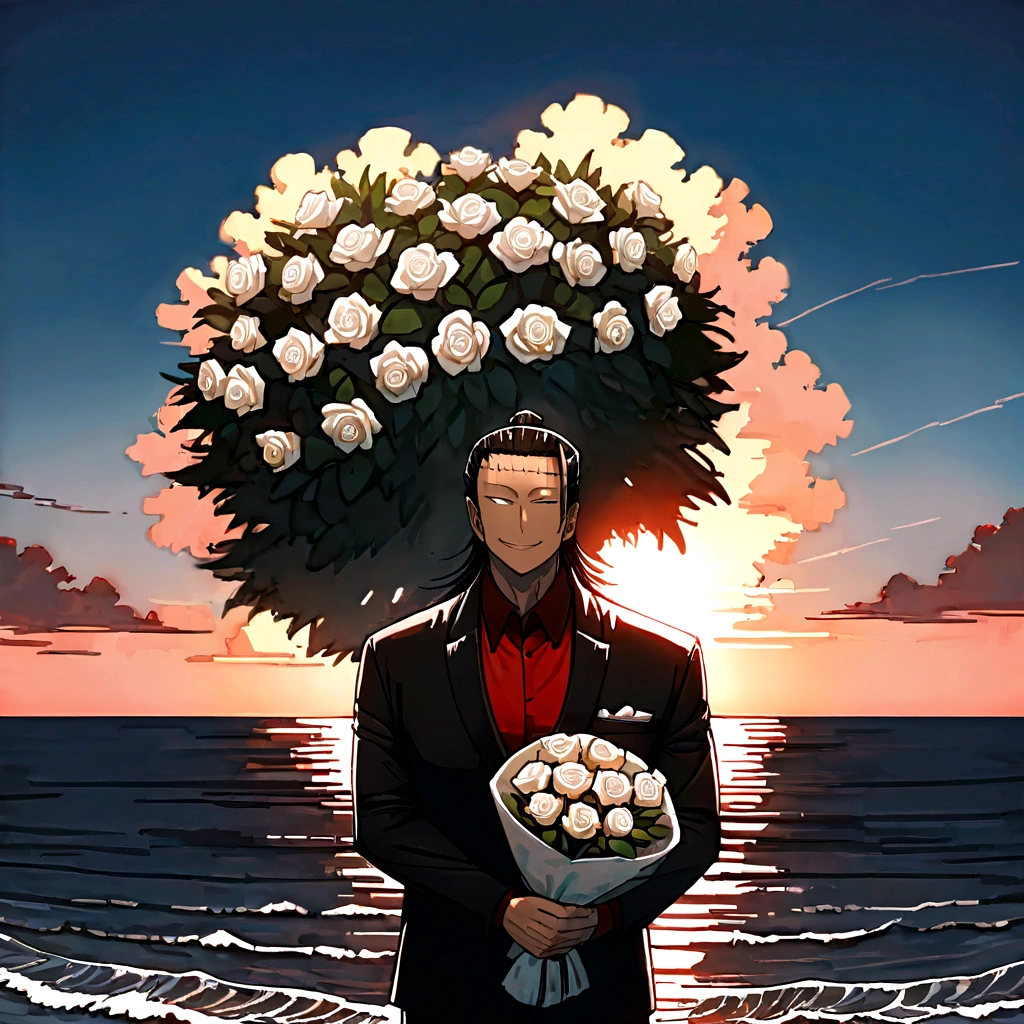 Suguru Geto, 1 man, looks straight into the camera, Sly smile, full length, In a black suit, wearing a red shirt, holding a huge bouquet of white roses, against the backdrop of the sea and sunset, 8 k, Best quality