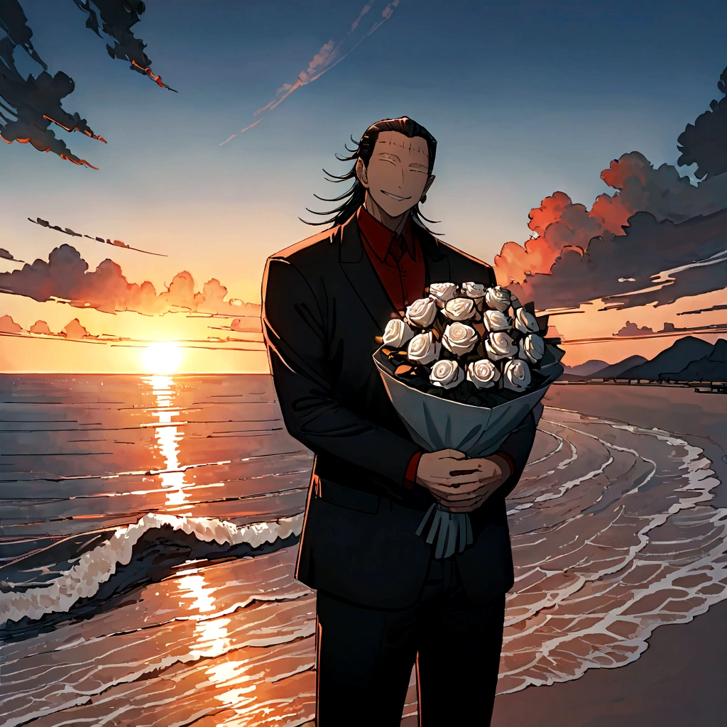 Suguru Geto, 1 man, looks straight into the camera, Sly smile, full length, In a black suit, wearing a red shirt, holding a huge bouquet of white roses, against the backdrop of the sea and sunset, 8 k, Best quality