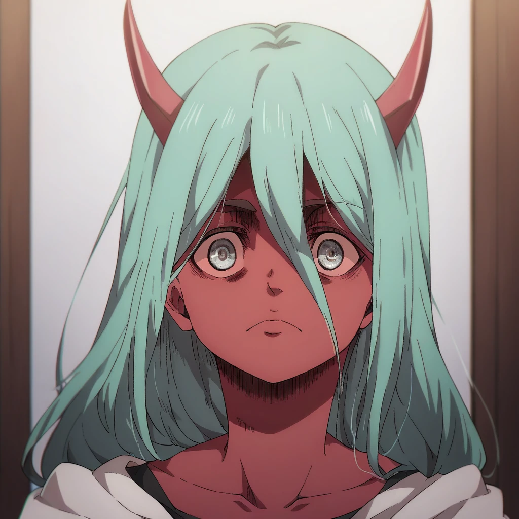 shingeki_no_kyojin_s4_style, portrait, solo,Zero Two, 1girl, masterpiece, best quality, long hair, (red skin), red horns, cyan hair, grey eyes, colored sclera, poncho