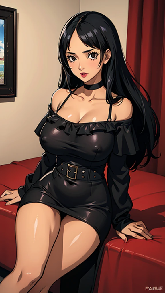 1girl, milf, large face, black eyes, long hair, forehead, black hair, straight hair, black choker, huge breast, red off shoulder dress, lipstick, cowboy shot, converse nipples, thicc legs, panyhose