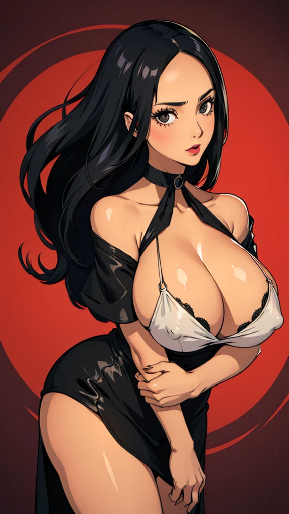 1girl, milf, large face, black eyes, long hair, forehead, black hair, straight hair, black choker, huge breast, red off shoulder dress, lipstick, cowboy shot, converse nipples, thicc legs, panyhose