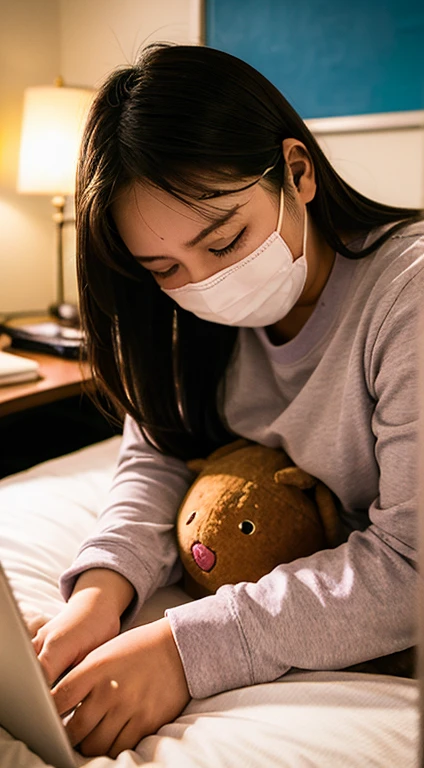 Girl  with a vibrator,vibratorを咥える、スリムなjunior high school student with too big, 15 years old, sleeping on bed, plump, closing eyes, falling down, yawning, excitement, mask,