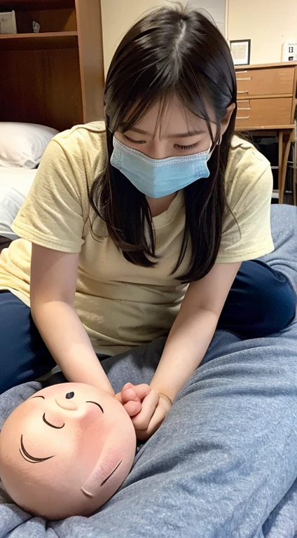 Girl  with a vibrator,vibratorを咥える、スリムなjunior high school student with too big, 15 years old, sleeping on bed, plump, closing eyes, falling down, yawning, excitement, mask,