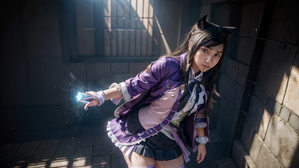 Mioda Ibuki /(Danganronpa/), bank ultra detailed, masterpiece, illustration, 8 k, masterpiece, realistic shadows, wind, gradient, volumetric lighting, Cute, ambient lighting, Colorful, Glowing particles, beautiful detailed eyes 1 girl, One, (original outfit), dungeon background, Blue-pink magician outfit, Cloak, Magic, fantasy