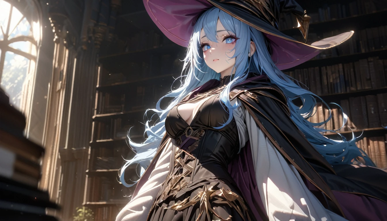 (absurdres, highres, ultra detailed), masterpiece, perfect resolution, great detail, super detailed, detailed face, unhealthy, NEET, unhealthy pale skin, pink dry lips, blue eyes, light eyes, eyeshadow, tired looking, tired eyes, medium breasts, light blue hair, messy hair, unkept hair, long hair, dense hair, mane hair, library scenery, dark robes, witch hat, corset, emotionless face, depth of field, (25 years old), cinematic lighting, ray tracing, depth of field, cinematic lighting, ray tracing, UHD, high details, best quality, highres, high quality, award winning, super detail, masterpiece, 8k, UHD, high details, best quality, highres, high quality, award winning, super detail, masterpiece, 8k, digital art, anime coloring