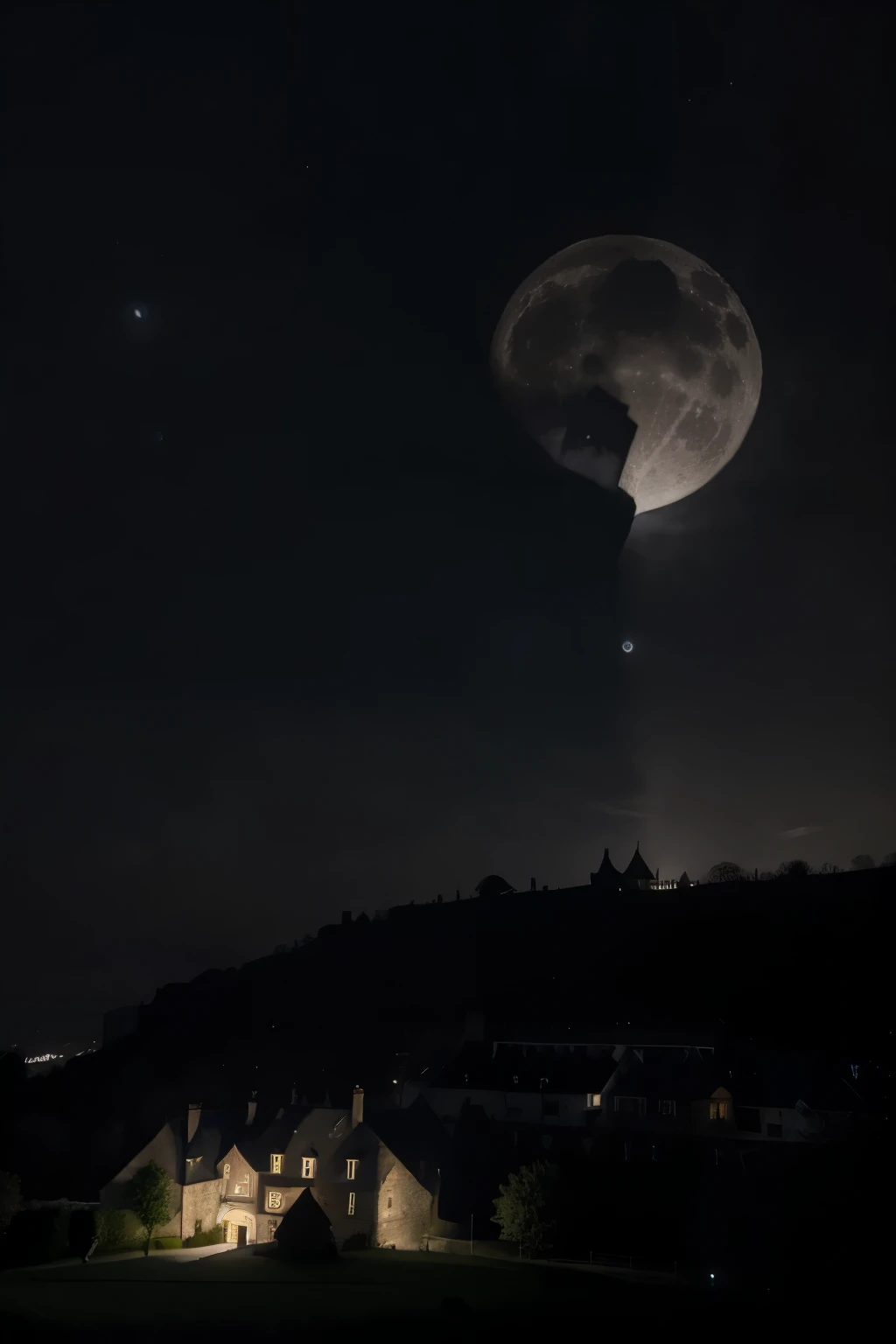 Dans le style des peintres impressionnistes En arrière plan un croissant de lune sous une nuit noir et et verte sans étoile en second plan un manoir imposant sur une colline illuminer par la lune en premier plan une silhouette de dos regardant le manoir