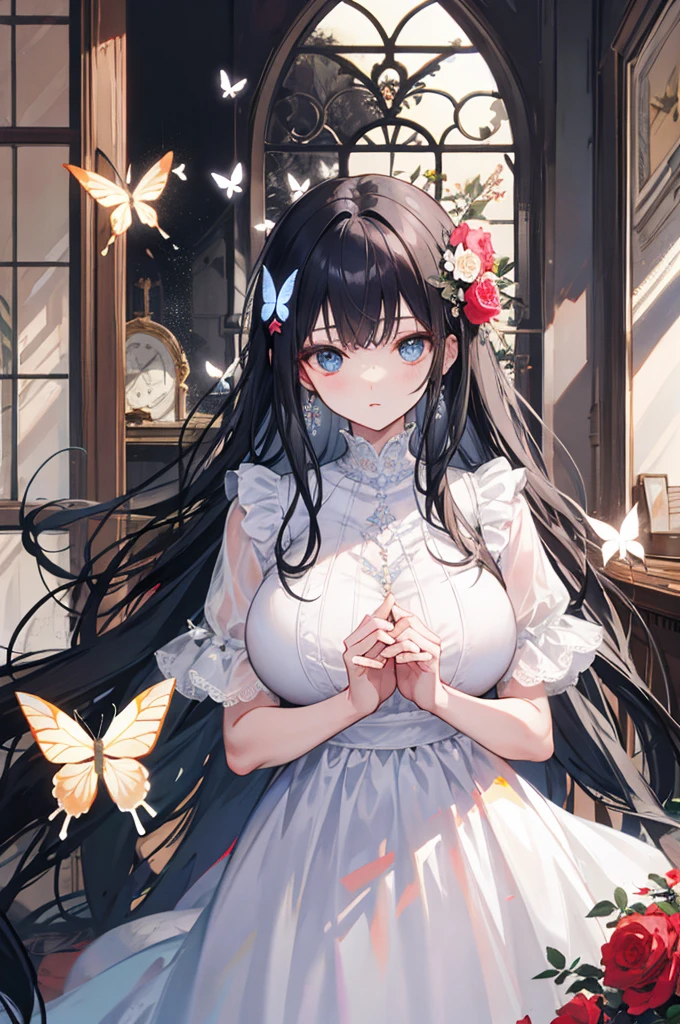 masterpiece, best quality, emphasize, 1個Giant Breast Girl,Princess,Black long hair, Big ,Exposure,White transparent nightdress,butterfly ornaments,Home,Floral decoration,