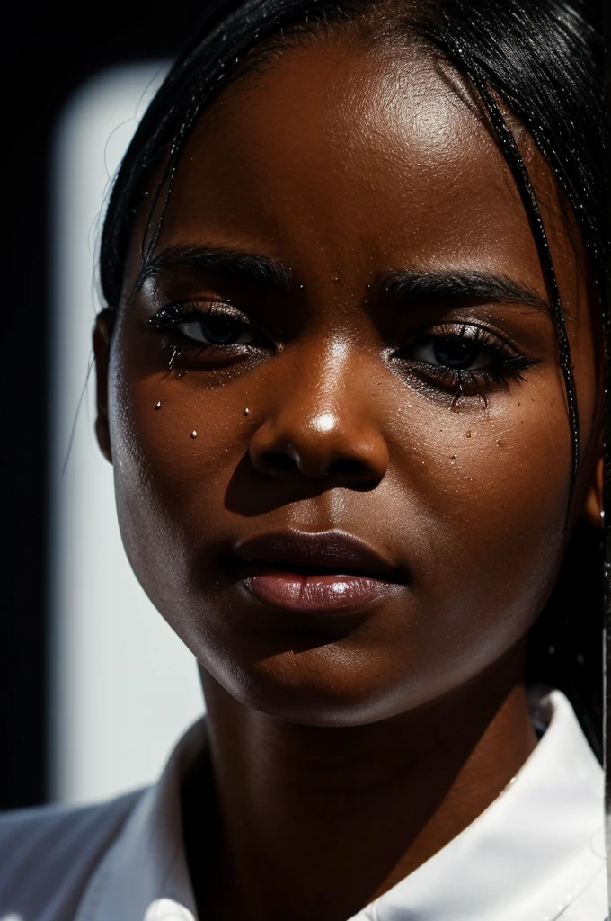 there is a black woman's face with a tear of tears on her face, tears dripping from the eyes, tears drip from the eyes, tears running down face, crying one single tear, crying tears, a close up shot of a crying eye, sad eyes tears, tear on face, tear drops, tears from the eyes, tears in eyes, with tears, woman crying, black background, dark