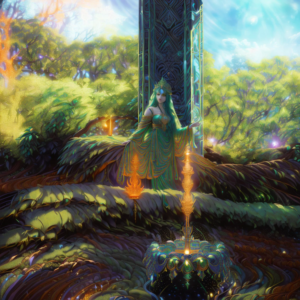 a beautiful goddess with an ancient, mystical aura, long flowing orange and green robes, intricate ornate golden jewelry, serene expression, glowing orange and green aura, ethereal lighting, dramatic shadows, cinematic composition, photorealistic, 8k, highly detailed, masterpiece