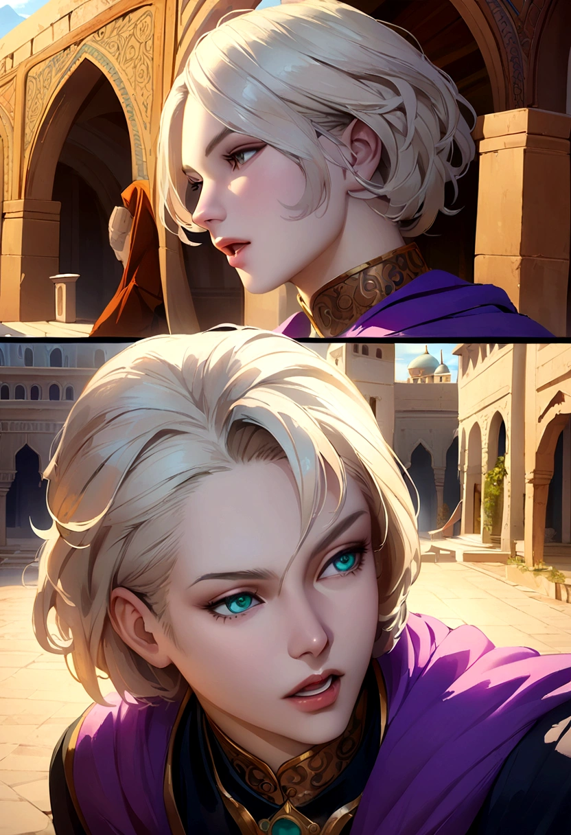 1male, anime, platinum blonde hair, straight hair, very short hair, cyan eyes, pale skin, magician, orange and purple robes, pretty, digital illustration, trending on artstation, highly detailed, vibrant colors, arabic buildings background, 4k, insane details, insane quality, historical, the arcana game, sexy, on bed, face close up, mouth closed, hot, erotic, clothes falling