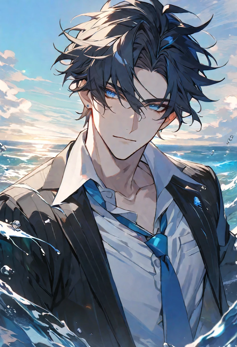 solo, handsome, 1 male, black hair with white dyes hair, blue eyes, white shirt, black sweater jacket, light blue tie, sea