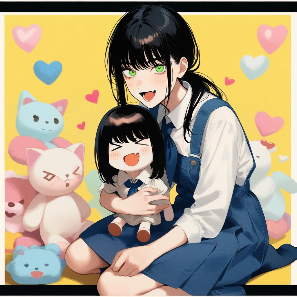 1girl, chainsaw man, mitaka asa, yoru \(chainsaw man\), absurdres, official art, :d, > <, black hair, blue neckerchief, blue skirt, blue socks, border, choppy bangs, fang, green eyes, heart, neckerchief, open mouth, overall skirt, ponytail, seiza, shirt, sitting, skin fang, skirt, smile, socks, stuffed toy, two-tone background, white border, white shirt, yellow background, ((very aesthetic, best quality, ultra detailed)), painterly