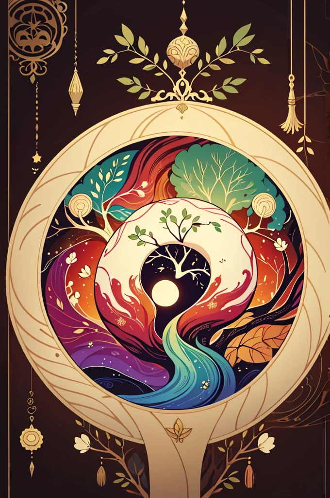 circular tree,four seasons,spring,summer,autumn,winter,leaves,roots,branches,trunk,ornate border,decorative,digital illustration,artwork,movement,time,swirling background,dark background,vibrant colors,natural,life cycle,growth,change,nature,life,peace,harmony,spirituality,symbolism,digital art,illustration,painting,graphic design,art,design,digital media,online art,visual art,fine art,fantasy