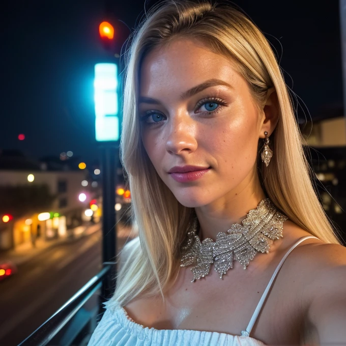 (Selfie, View from the top: 1.4), (straight half of the body: 1.4), RAW uhd photo of a 24 year old blonde (Blue eyed woman) Walking down a dark alley, breasts big,, city at natta, (overskirt), (neckleace), detaileds (texturas! , body hair! , sheen, Farbe!! , Disadvantages: 1.1), olhos brilhantes com muitos detaileds (looking at the camera), SLR Lighting, SLR Camera, ultra-quality, sharpening, Depth of field, Film grain (downtown), Fujifilm XT3, clear as crystal, frame downtown, beautiful face, sharp focus, street lamp, Neon lighting, bokeh (dimly-lit), natta, (natta sky), detailed skin pores, greasy skin, sunburn, complex eye detaileds, whole body, breasts big