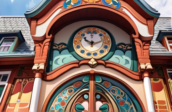 There is a large building with a clock on top., an Art Nouveau, Tibetan-inspired architecture, instagram post, Sunlight and whimsical houses, exterior shot, Art Nouveau, front view, architectural shot, Nepalese architecture buildings, instagram photo, Art Nouveau architecture, In Disney, Ornate mosaic architecture, colorful tile architecture, trend photo, middle view
