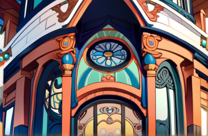 There is a large building with a clock on top., an Art Nouveau, Tibetan-inspired architecture, instagram post, Sunlight and whimsical houses, exterior shot, Art Nouveau, front view, architectural shot, Nepalese architecture buildings, instagram photo, Art Nouveau architecture, In Disney, Ornate mosaic architecture, colorful tile architecture, trend photo, middle view