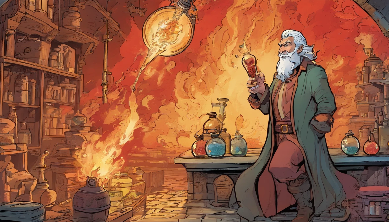 Cinematic scene of an elf scientist wizard, silver hair and beard, holding a glass bottle, inside the glass bottle there is fire, water, earth and wind elements, dramatic red lightning. Vintage pulp illustration, in a medieval laboratory, looking shocked, machine malfunction in the background, fire and flames, explosion and steam, fine details, depth of field, explosion out of frame.