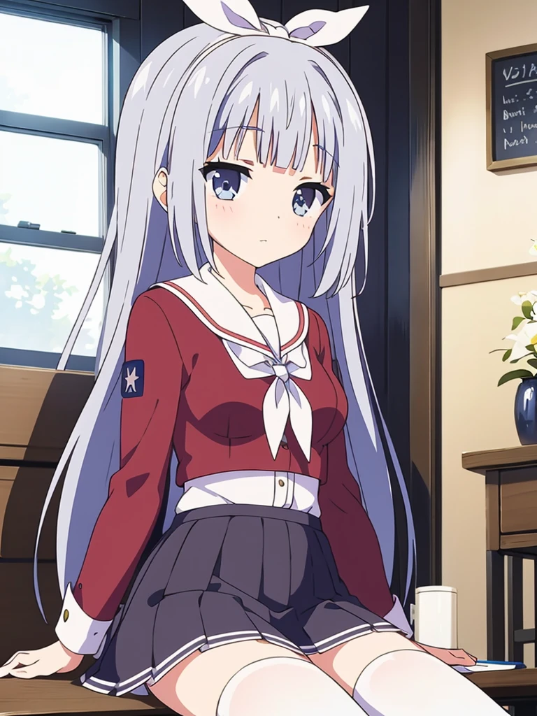 1 white-haired girl with ribbon decorations on her head, blue eyes in school mini skirt navy Women with white stockings at home