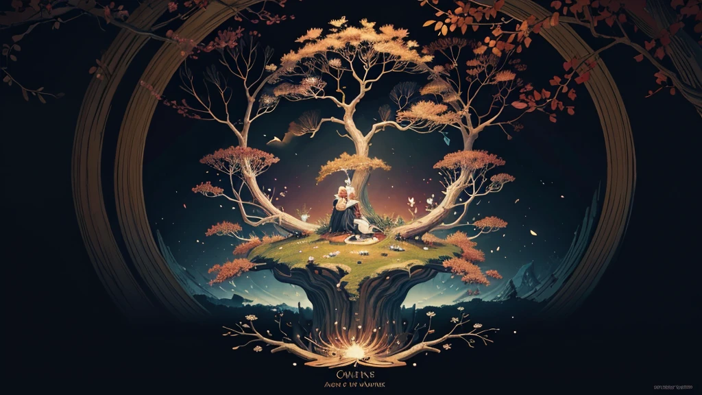 circular tree,four seasons,spring,summer,autumn,winter,leaves,roots,branches,trunk,ornate border,decorative,digital illustration,artwork,movement,time,swirling background,dark background,vibrant colors,natural,life cycle,growth,change,nature,life,peace,harmony,spirituality,symbolism,digital art,illustration,painting,graphic design,art,design,digital media,online art,visual art,fine art,fantasy