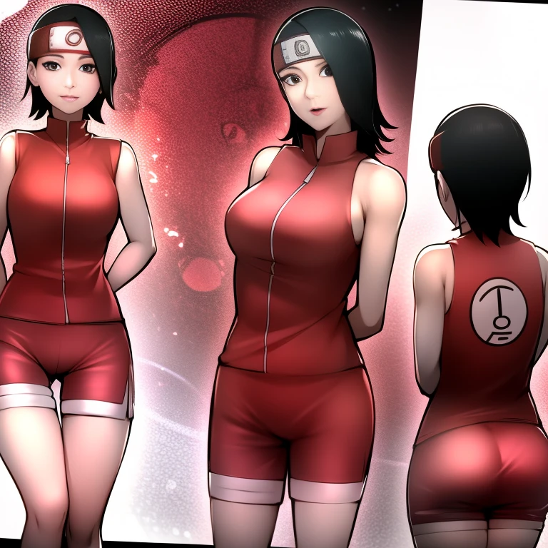 Sarada Uchiha, standing, back, tight shorts, small ass, small breasts, short black hair, black eyes, forehead protector, bottom view, Sarada Uchiha looking at the viewer 