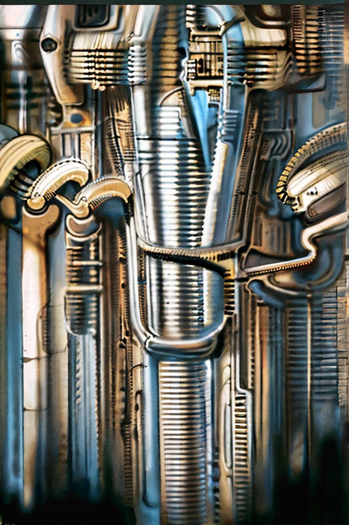The image is a detailed view of H.R. Giger's \" Landscape XVI \" plate, featuring a complex network of bones and organs in a purple-brown hue ,swirling gray and brown colors. The artwork is silver and purplish brown, with an ivory bones prominently displayed. The image is highly detailed and intricate, almost like a 3d version of a medical diagram
The image is an artistic representation of a mechanical structure with pipes and gears, with a skeletal creature and a windmill blade.
The image depicts a surreal, anatomical illustration of a alien body with a skeleton inside, surrounded by a network of tubes and pipes.
biomechanical landscape by Hans Rudie Giger composed of fossilized and mummified alien life forms. Image depicts a strange and dreamlike, combines biological and mechanical ,managed to dreamlike quality. Centralized recognizable shapes of skulls, rib cages, and spines, all intertwined with tubes and cables. These shapes suggest fossilized mummified alien life forms. Central skeletal structures and what appears to be a ribcags of ivory in the foreground are the most identifiable organic elements. The mechanical elements are evident in the wires and tubes emanating from the skeletals, as well as the smooth metallic tubes. In the background shapes are visible that could be interpreted as other fossilized or mummified alien life.
Light source from the top highlights skeletals, upper part of foreground, lower part of image is in shadow.
The piece is a tableau, most likely created with a India ink pen or pencil on paper, determined by the thin lines, shading techniques, and the texture of the paper, which is visible around the edges.
used is pen, given the shading and variations in line weight visible in the image. One have used a variety of pencils with different degrees of hardness to achieve the shading effects
The placement of the creatures on the center follows the rule of thirds, a principle in composition that places important elements along im