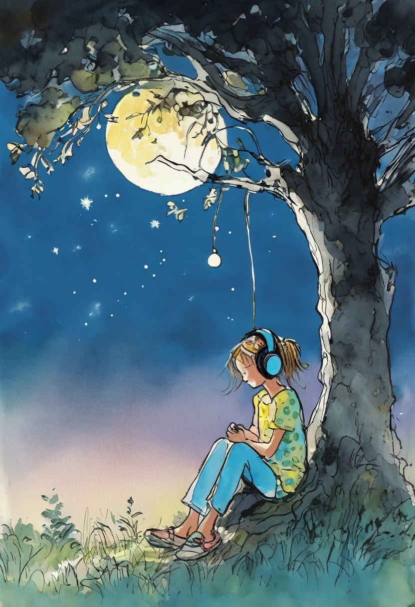 (a girl with headphones, sitting at the foot of a tree, under the moonlight ) by Quentin Blake, style byQuentin Blake, scene by Quentin Blake, art byQuentin Blake, color by Quentin Blakeatmosphere by Quentin Blake, lights byQuentin Blake, textures by Quentin Blake,shadows by Quentin Blake