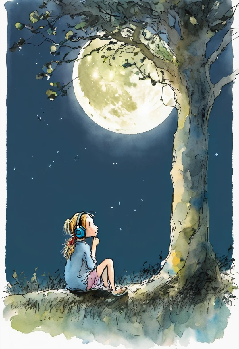 (a girl with headphones, sitting at the foot of a tree, under the moonlight ) by Quentin Blake, style byQuentin Blake, scene by Quentin Blake, art byQuentin Blake, color by Quentin Blakeatmosphere by Quentin Blake, lights byQuentin Blake, textures by Quentin Blake,shadows by Quentin Blake