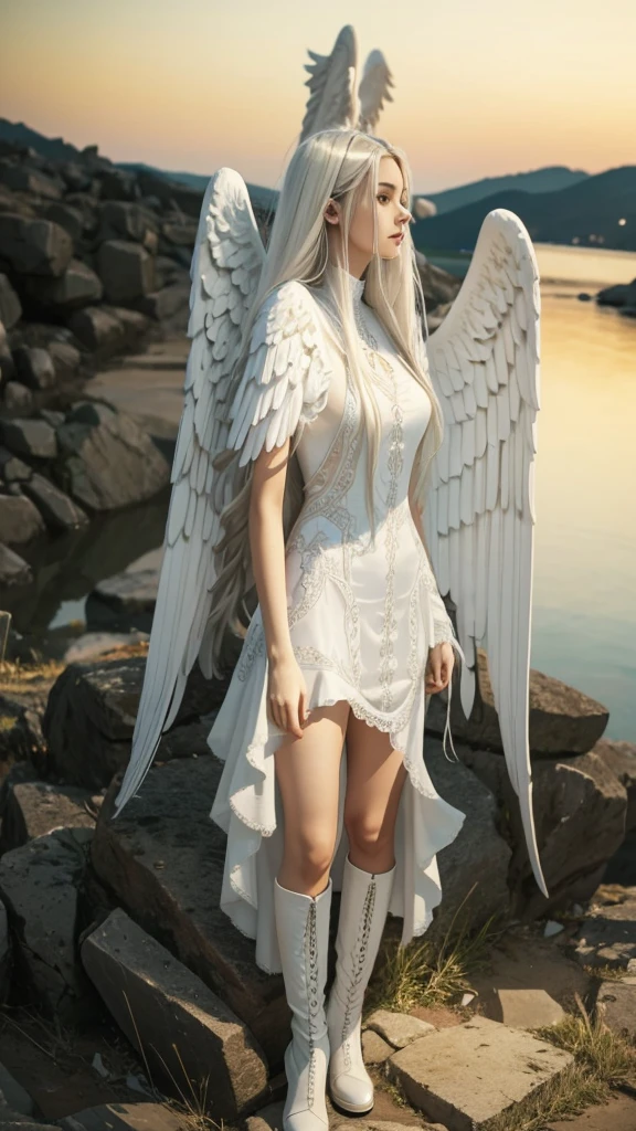 A beautiful thin girl, de corpo inteiro, angelic white dress, angelic angel wings, long wavy white hair, White Boots.