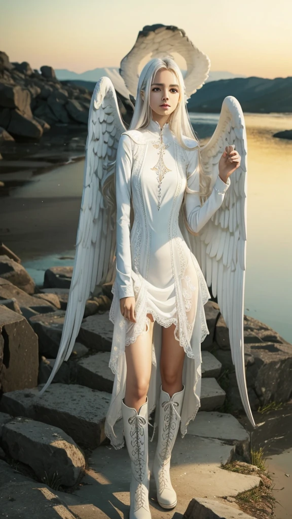 A beautiful thin girl, de corpo inteiro, angelic white dress, angelic angel wings, long wavy white hair, White Boots.