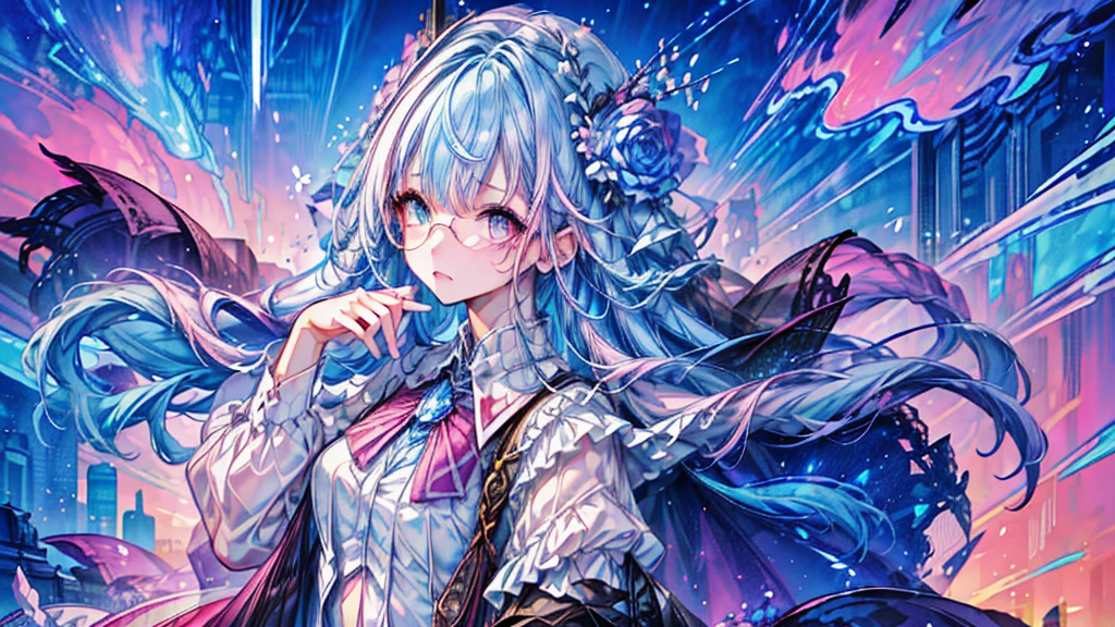 (Masterpiece ,、maximum quality、maximum quality、watercolor art(during)、Official Art、beautiful and aesthetic:1.2)、(1 girl:1.3)、(fractal art:1.3)、whole body、pupilas en forma de Star,、pattern、((Iridescent hair、colorful hair、half blue and half pink hair:1.2))、water、liquid、clouds、showy、noche Starda、Star、angry face、glasses、Write、heterochromia, (showy:1.5)、galaxiairando las Stars、anger
