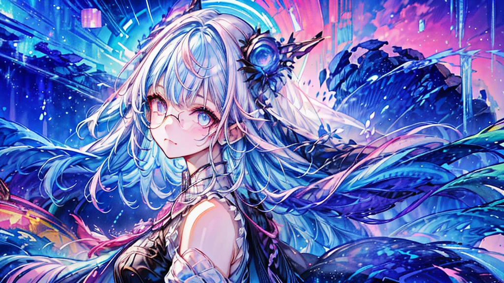(Masterpiece ,、maximum quality、maximum quality、watercolor art(during)、Official Art、beautiful and aesthetic:1.2)、(1 girl:1.3)、(fractal art:1.3)、whole body、pupilas en forma de Star,、pattern、((Iridescent hair、colorful hair、half blue and half pink hair:1.2))、water、liquid、clouds、showy、noche Starda、Star、angry face、glasses、Write、heterochromia, (showy:1.5)、galaxiairando las Stars、anger
