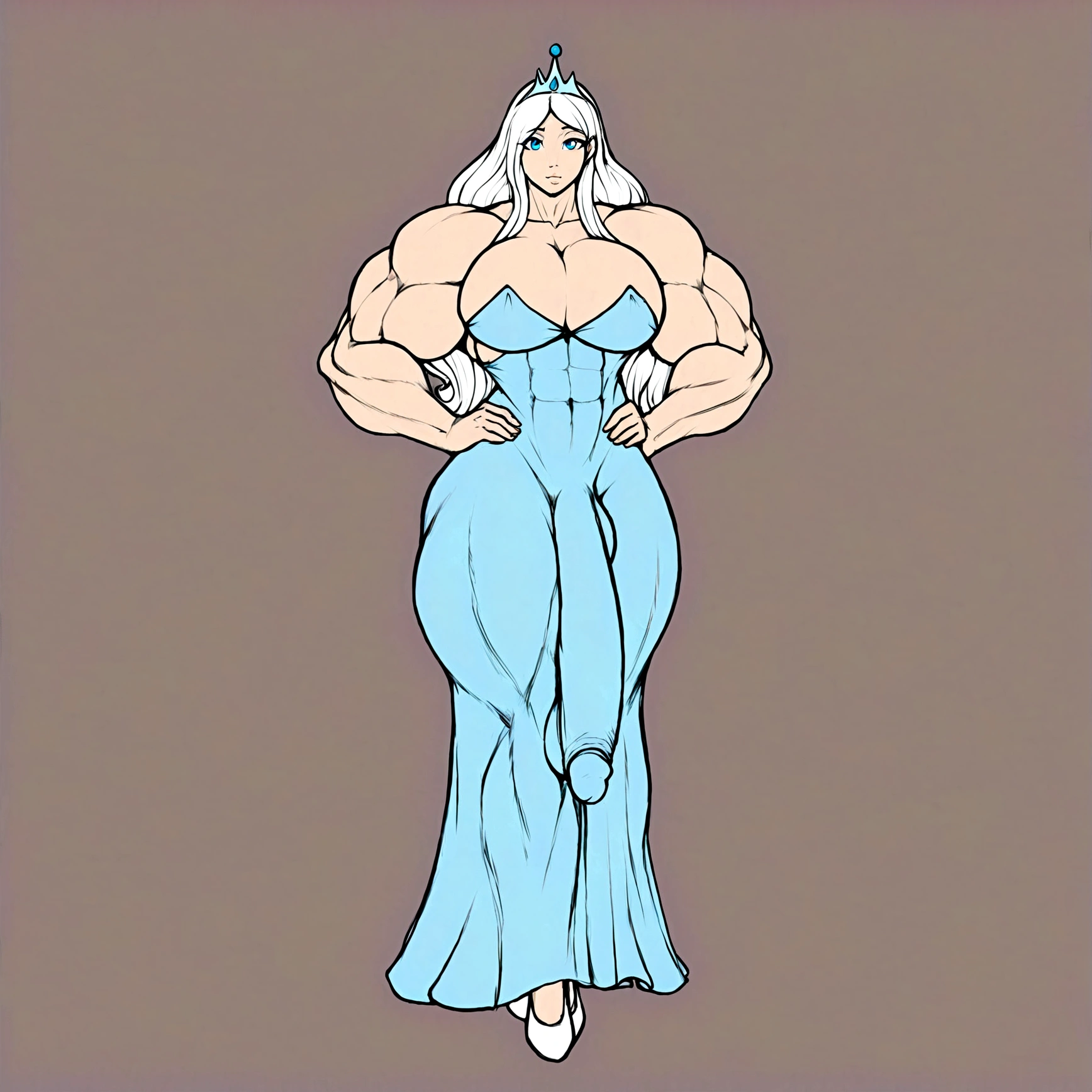 Femboy, long hair, blue eyes, gigantic muscular body, princess dress, big breasts, erect penis with big balls, 4 arms, full body.