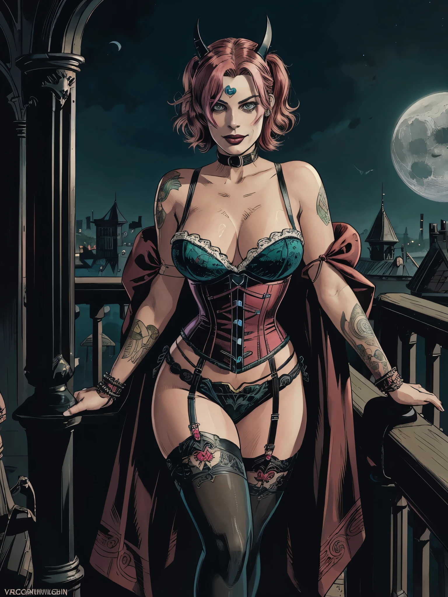 a woman Margot Robbie AS Harley Quinn , green eyes, red, pink,blue hair, solo girl,close up,moonlight, Victorian steampunk skirt, Victorian corset, masquerade dress and mask ,body tattoos, garter belt, short hair, long sheer robe ,holding a mask, DRACULLA castle, bats, gothic makeup, shy smile, beautiful girl, large breasts, stockings, high heels, ultra detailed, realistic, fantasy art,