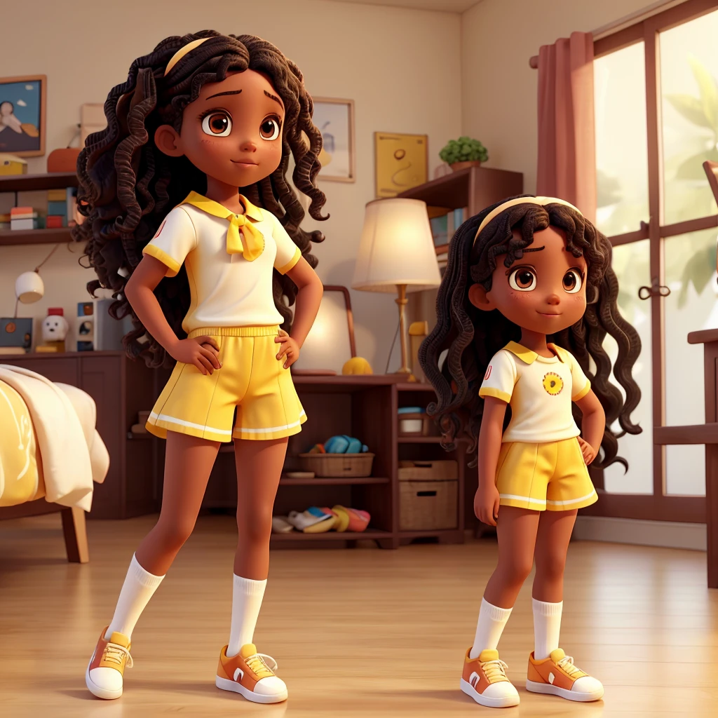 Girl with wavy hair with dark skin white blouse yellow shorts with red sneakers striped socks with yellow and white