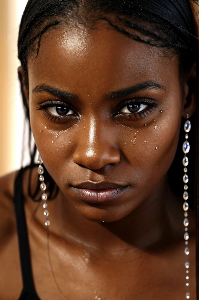 there is a black woman's face with a tear of tears on her face, tears dripping from the eyes, tears drip from the eyes, tears running down face, crying one single tear, crying tears, a close up shot of a crying eye, sad eyes tears, tear on face, tear drops, tears from the eyes, tears in eyes, with tears, woman crying