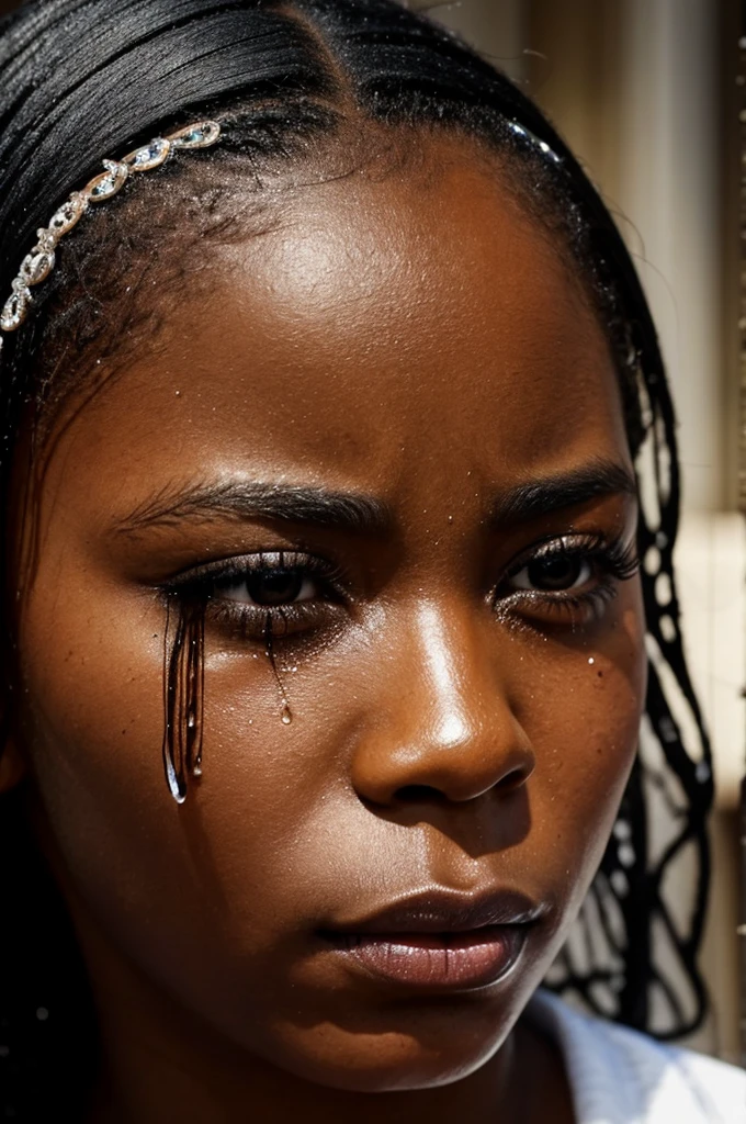 there is a black woman's face with a tear of tears on her face, tears dripping from the eyes, tears drip from the eyes, tears running down face, crying one single tear, crying tears, a close up shot of a crying eye, sad eyes tears, tear on face, tear drops, tears from the eyes, tears in eyes, with tears, woman crying