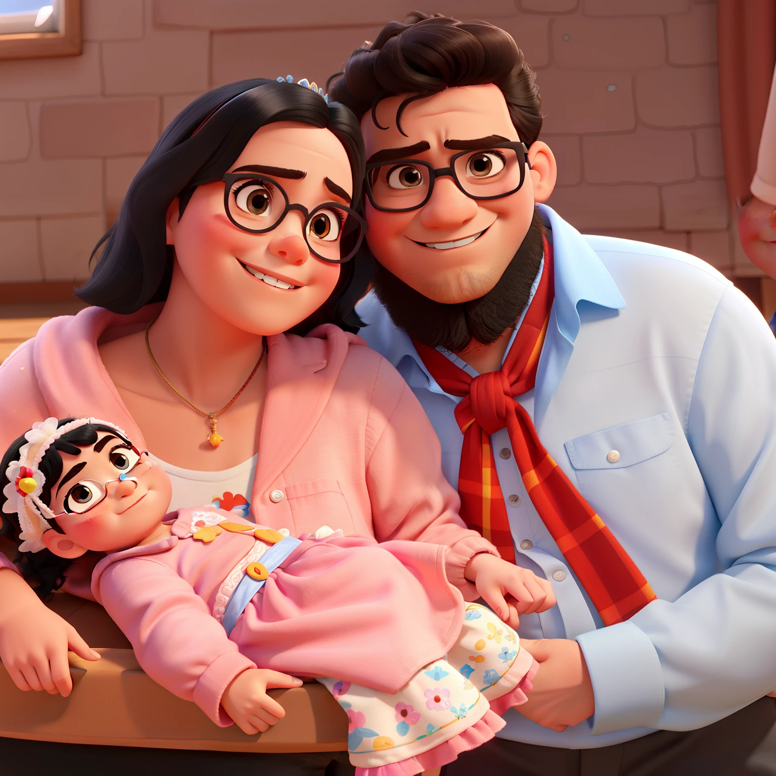 A family in Disney Pixar style on a sunny day in Rio Grande do Sul, gaucho clothes,the baby has a tiara on his head and short black hair, adults are wearing glasses, high qualiy